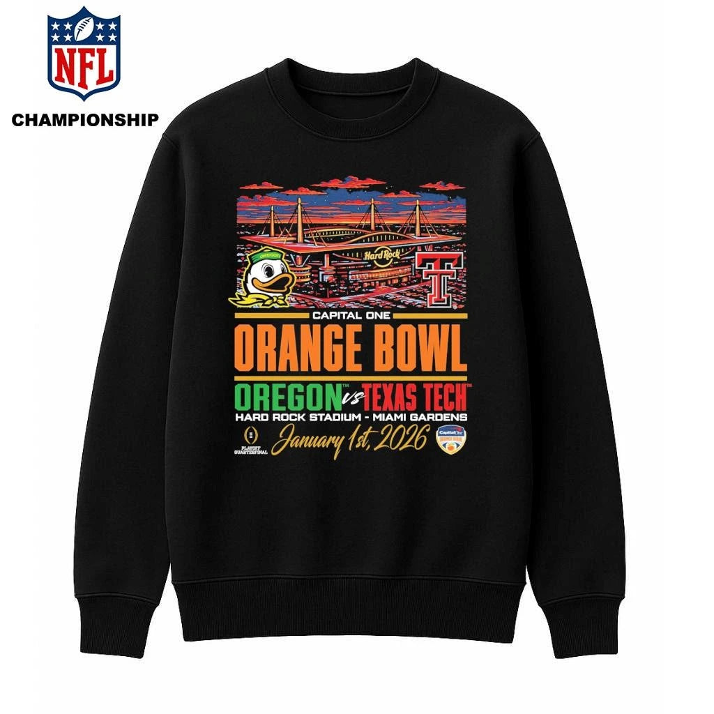 Oregon vs Texas Tech CFP ’26 Orange Bowl city skyline shirt