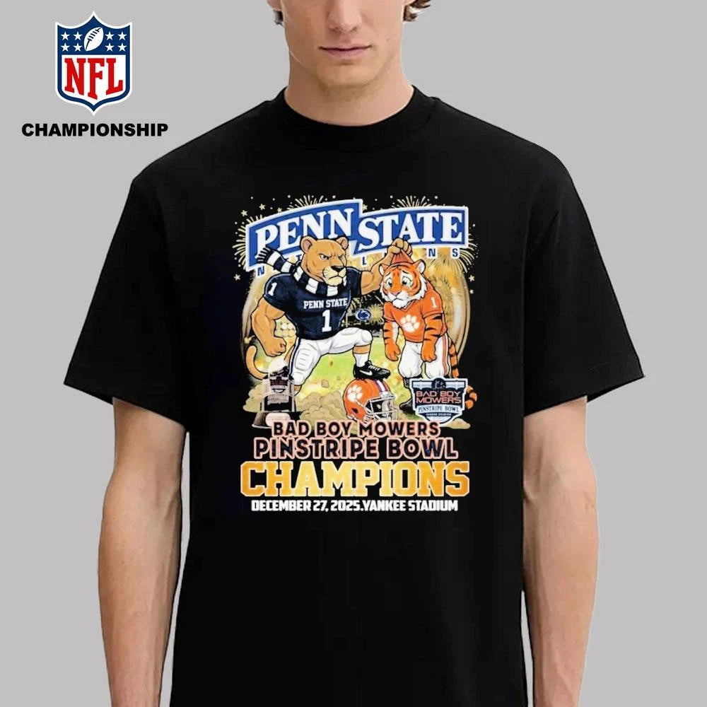 Penn State Nittany Lions 2025 Dad Boy Mowers Pinstripe Bowl Champions Mascot Shirt