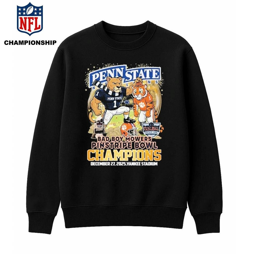 Penn State Nittany Lions 2025 Dad Boy Mowers Pinstripe Bowl Champions Mascot Shirt
