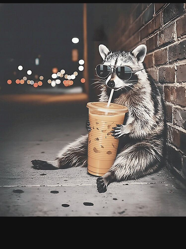 Raccoon Drinking Iced Coffee Sleepy Morning Animal Meme by michealhunttt