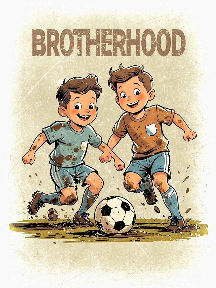 Brotherhood – Muddy Kids Playing Soccer Vintage Illustration by p-frosty-design