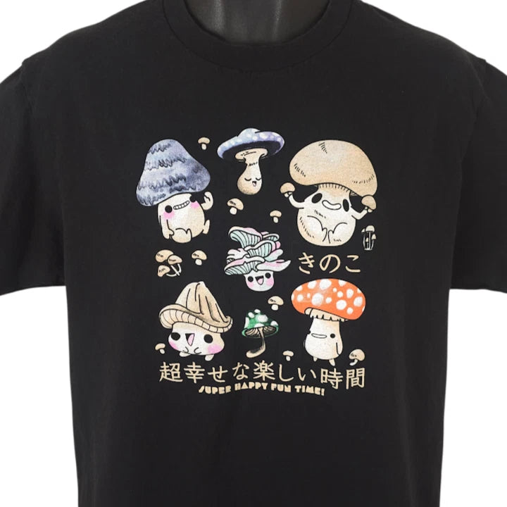 Kawaii Mushrooms T Shirt Mens Size Large Black Super Happy Fun Time Japanese