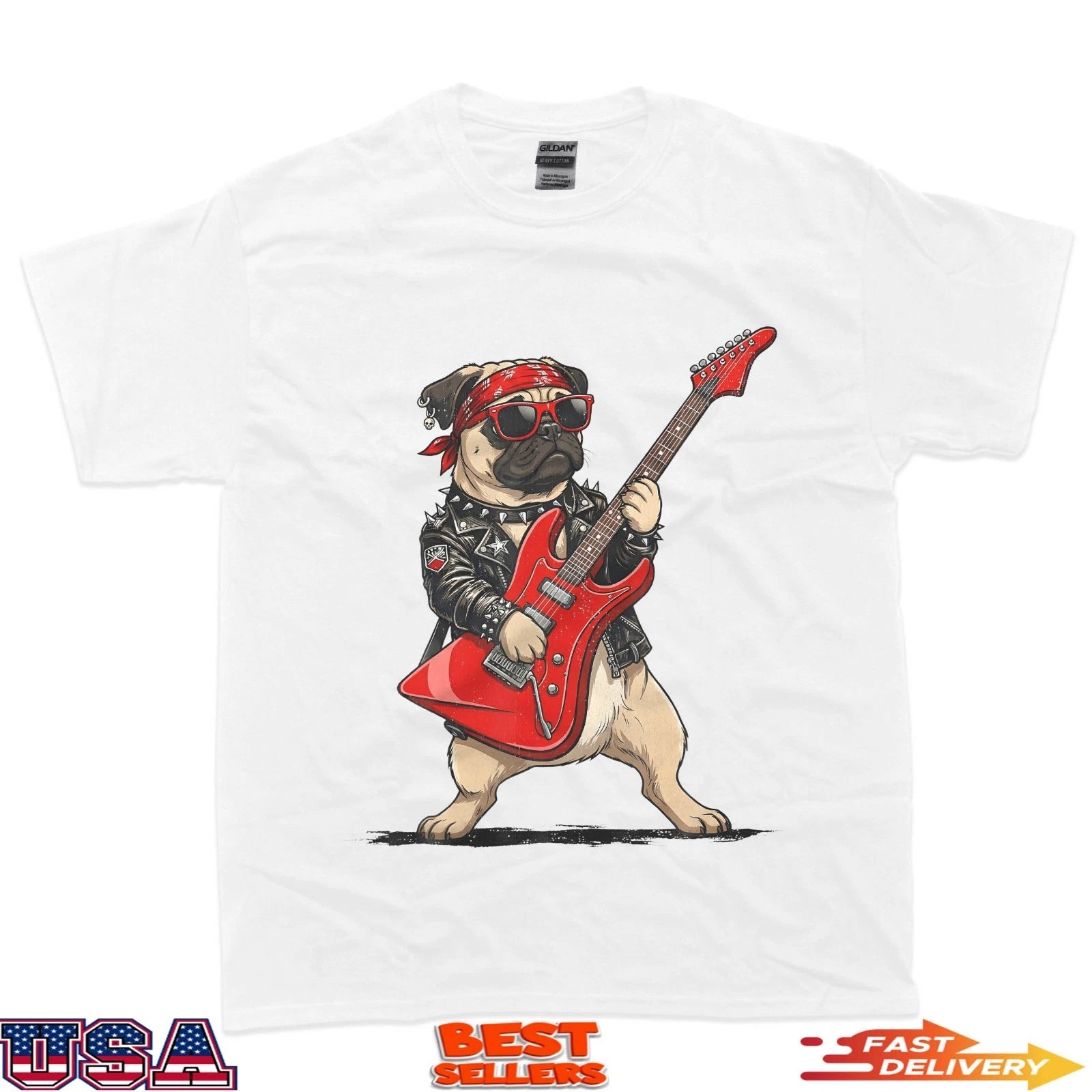 Pug Playing Electric Guitar Rock Music Dog Pet Gift T-Shirt