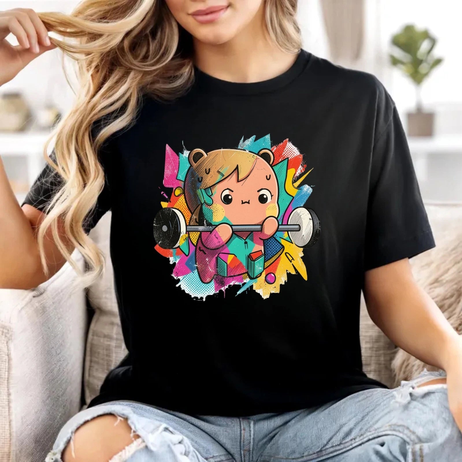 Cute Weightlifting T-Shirt - Kawaii Gym Cartoon olorful Unisex Workout Tee Top