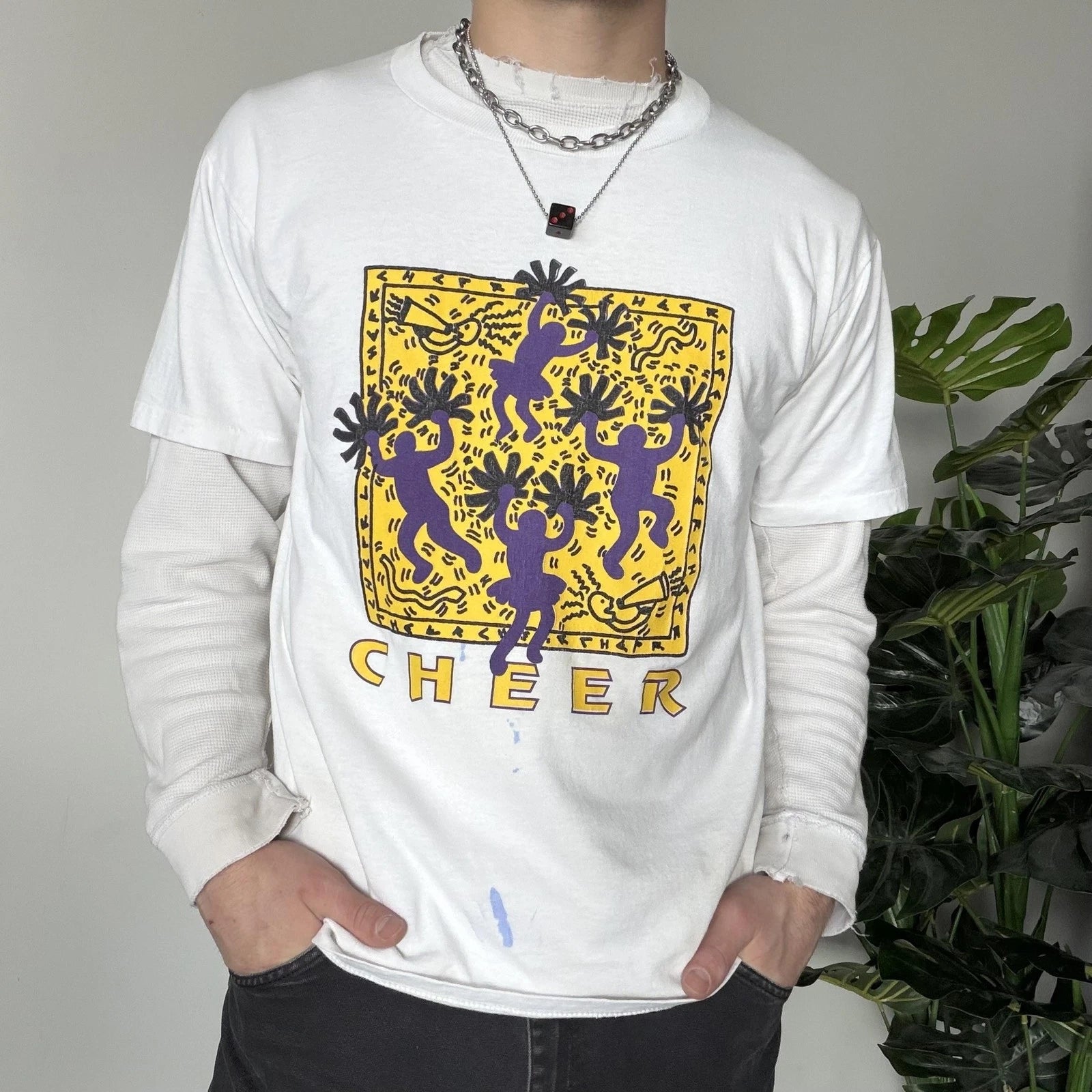 Vintage Keith Haring Style Cheer Shirt Large White Pom Pom Graphic Tee 90s USA