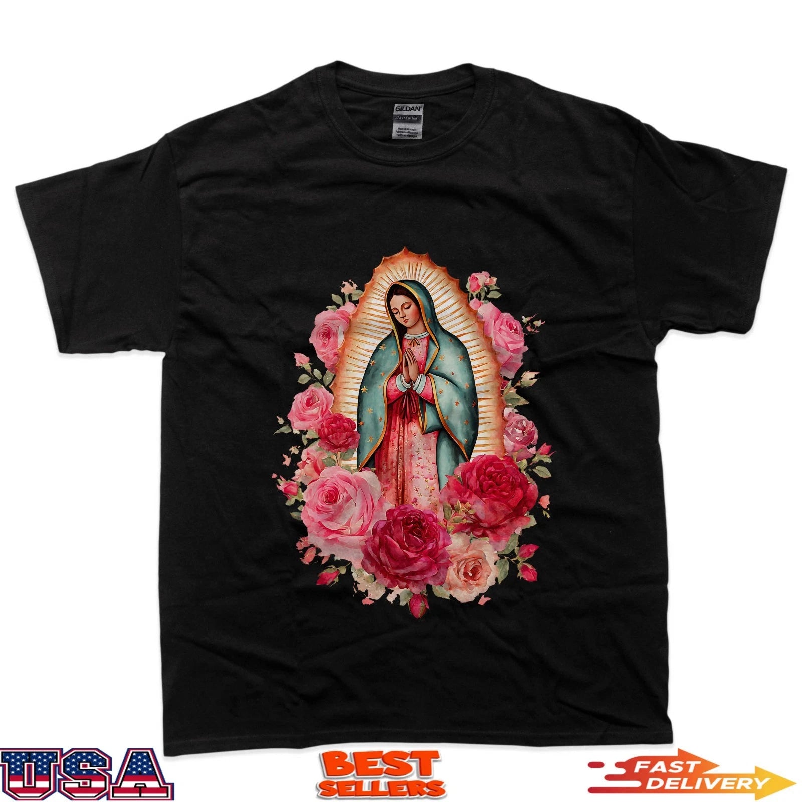 Our Lady Virgen De Guadalupe Saint Virgin Mary Pink Roses T-Shirt