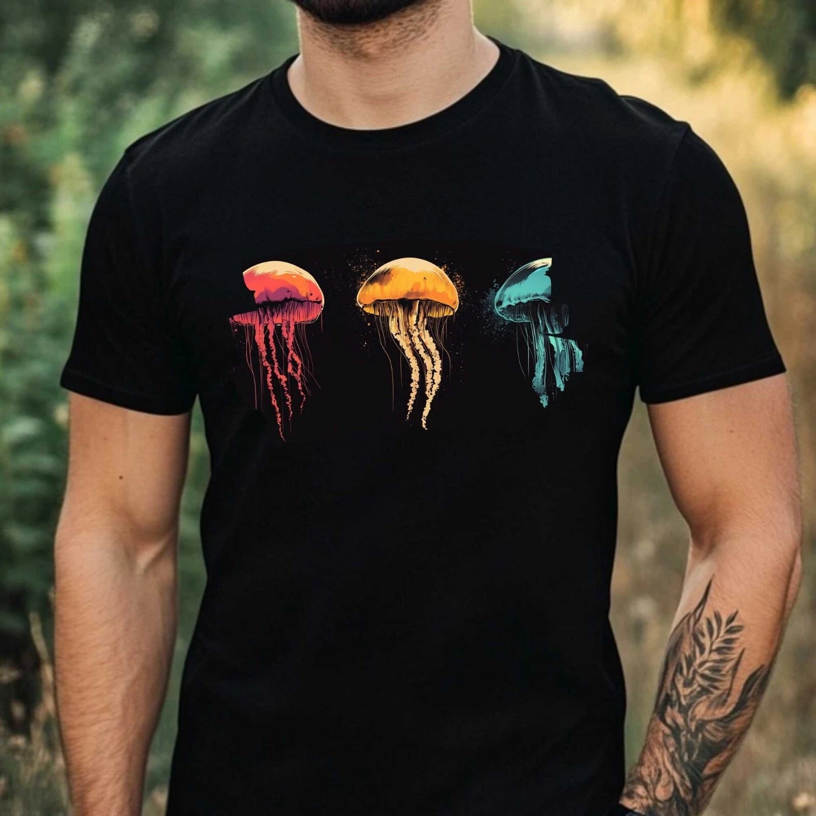 Mens Multicoloured Jellyfish Motif Cotton T-Shirt Size XS to 5XL