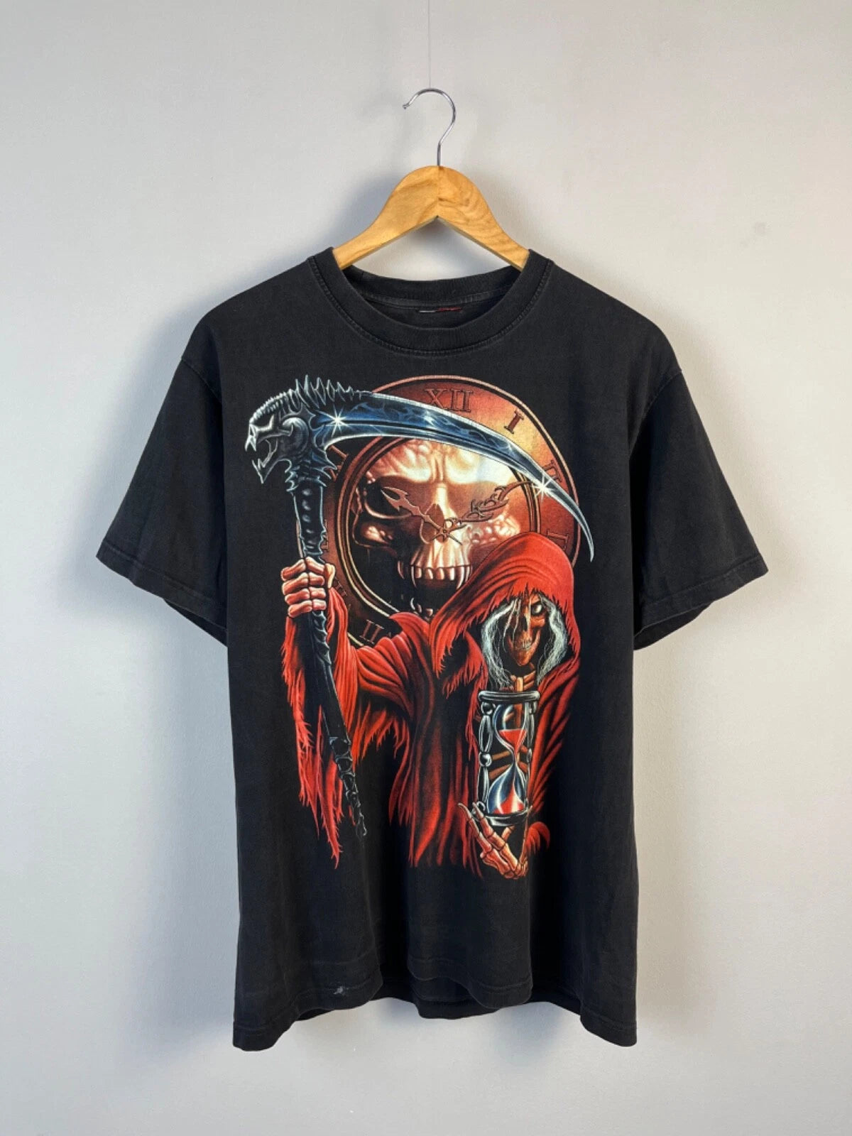 Vintage 2000s Gothic Skull Man Black Y2K Grunge Tee Shirt Size L