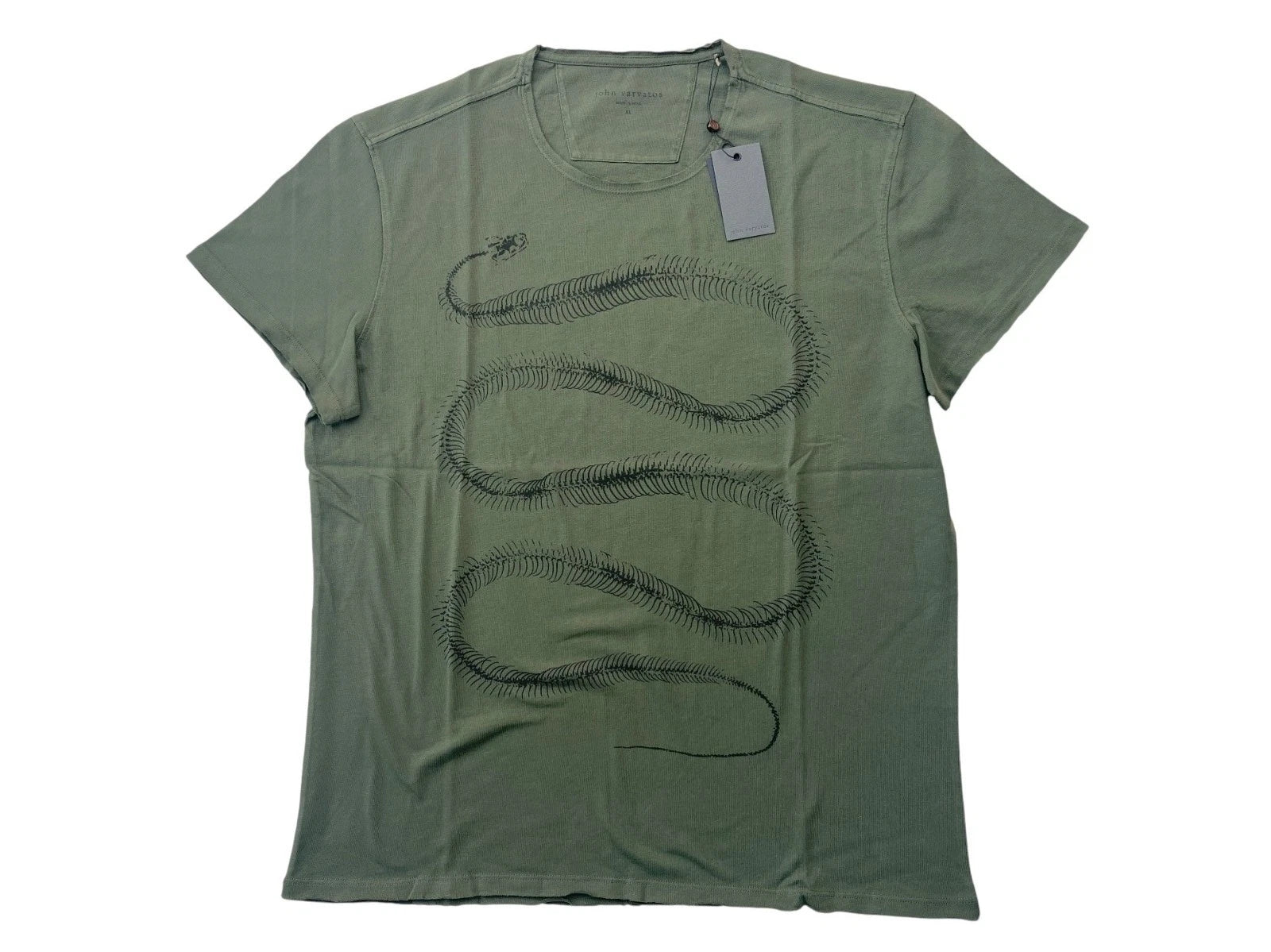 John Varvatos Mens XL Green Snake Skeleton Raw Edge Organic Cotton Rock T-Shirt
