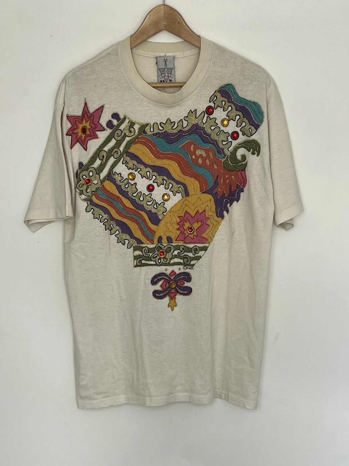 Vintage Pop Art KWBL Los Angeles LA Tee T-Shirt Hand Painted Jewels One Size