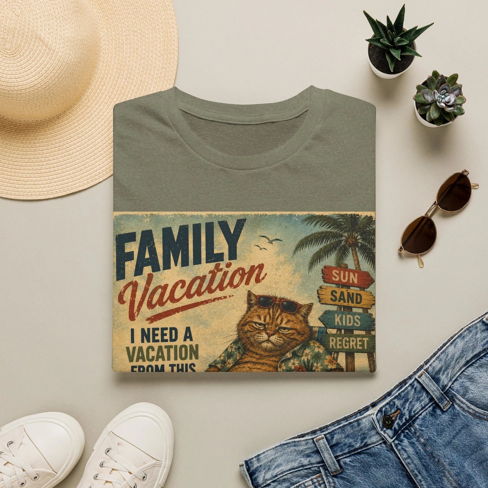 Funny Family Vacation Cat T-Shirt Fat Cat Beach Vacation Graphic Tee