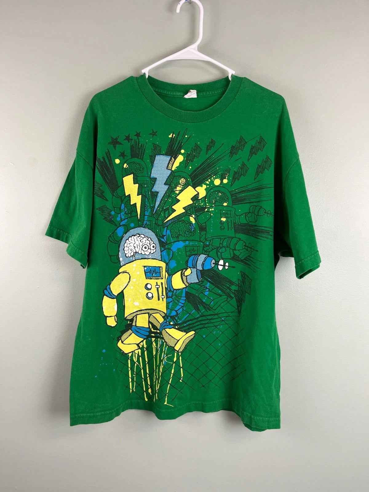 Y2k Robot Laser T-Shirt Green Classic 2010s Lightning Size XL? Light Fade