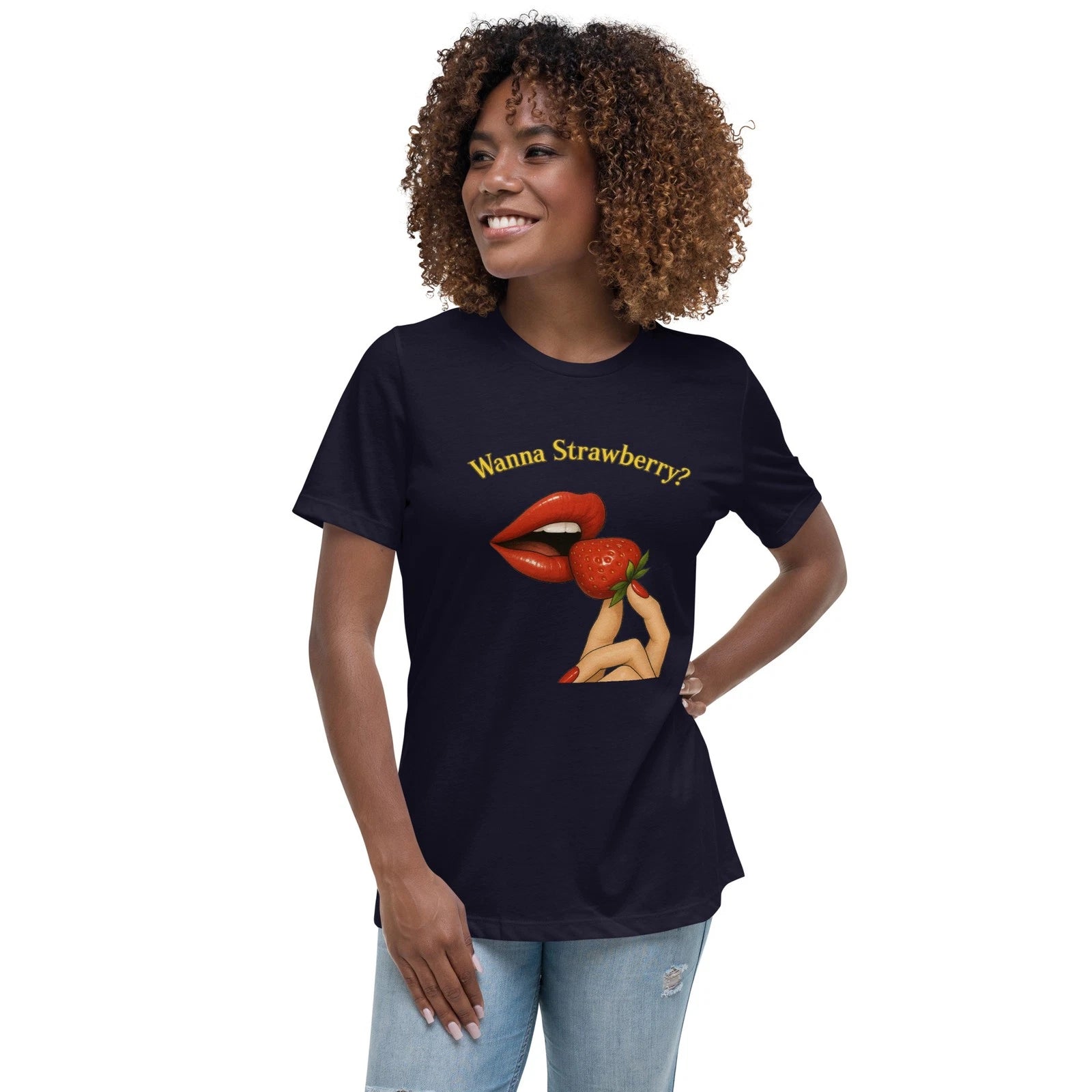 Wanna Strawberry? Glossy Lips & Berry Women’s Relaxed T-Shirt | Pop Art