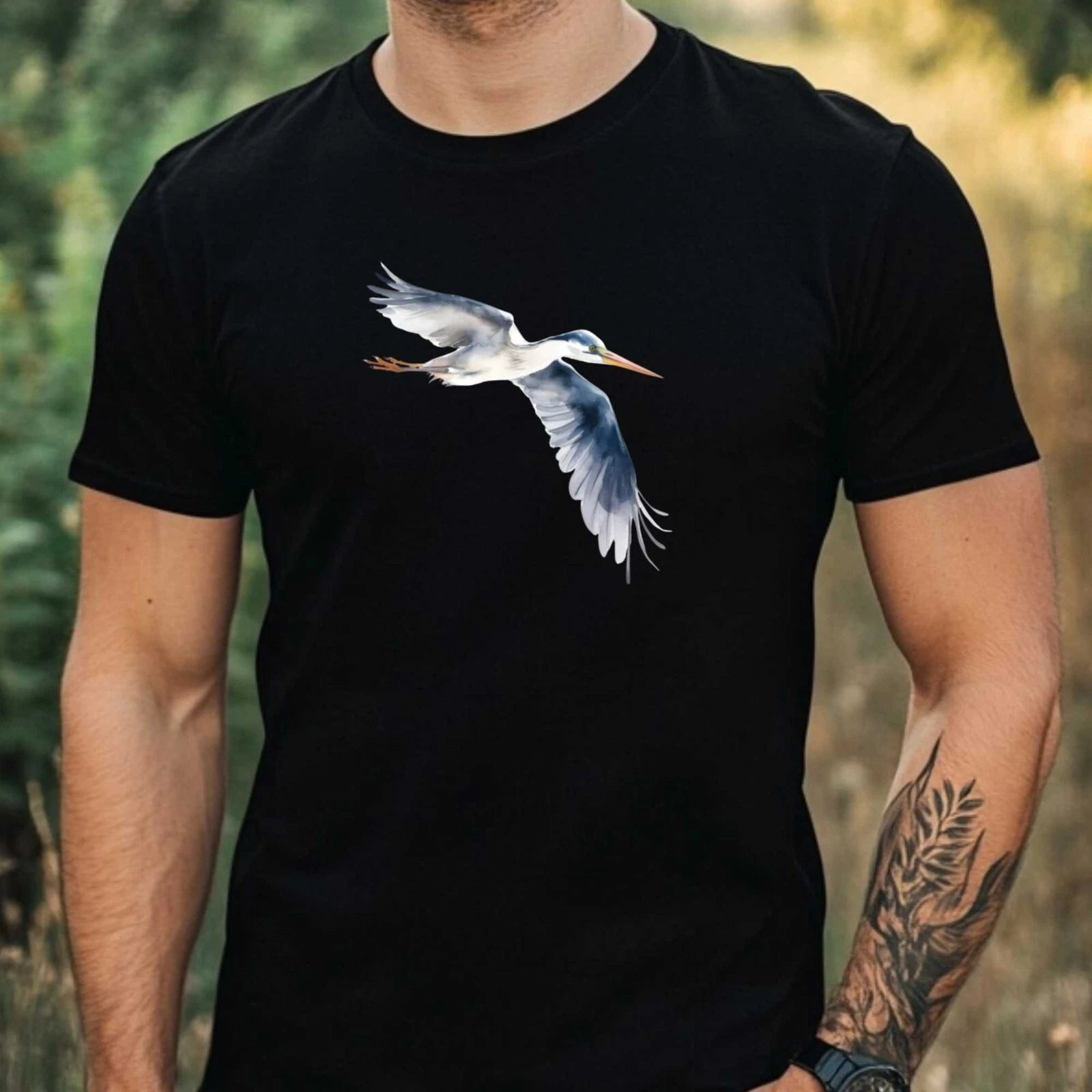 Mens Watercolour Flying Bird Motif Cotton T-Shirt Size XS to 5XL