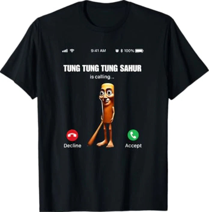 Tung Sahur Calling Funny Fishing Brainrot Joke Boys Meme T-Shirt