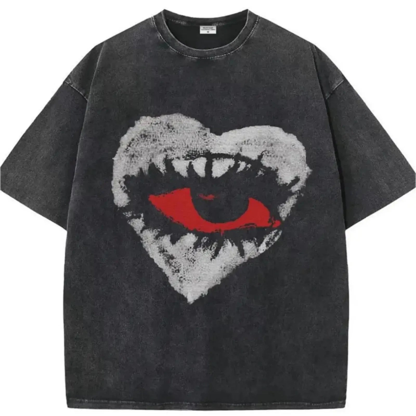 230g Heavyweight Vintage Washed Gothic Heart Red Eye Graphic T-Shirt, 100% Cotto