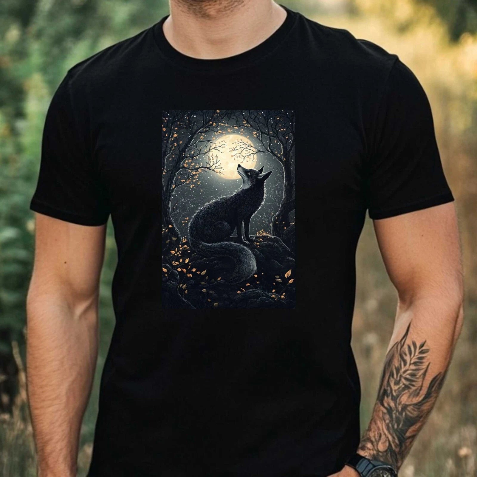 Mens Fox In The Moonlight Motif Cotton T-Shirt Size XS to 5XL