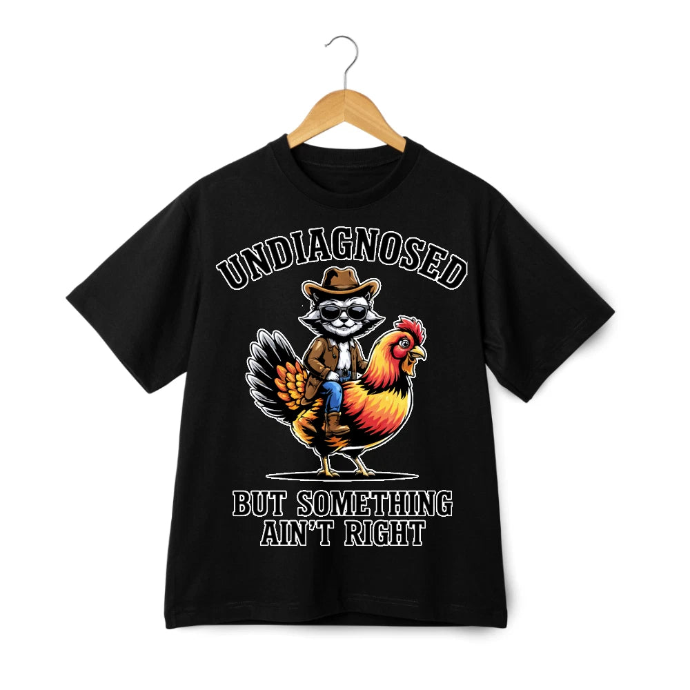 Undiagnosed Cowboy Cat Riding Chicken Print T-Shirt, Funny Western Casual Tee