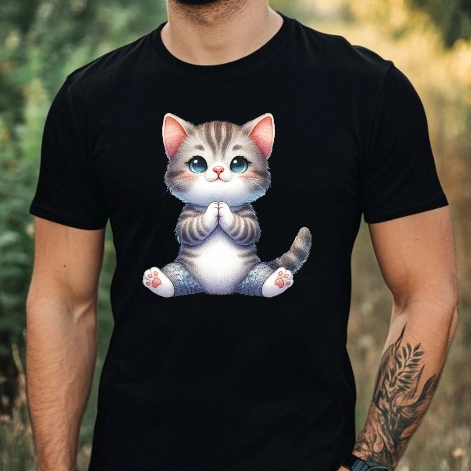 Mens Cat Yoga Print Cotton T-Shirt Size XS to 5XL