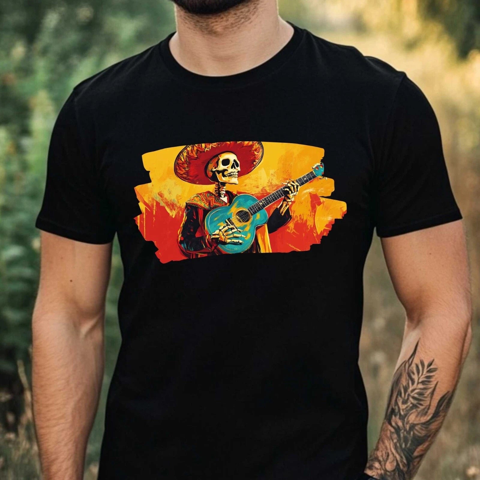 Mens Mariachi Skeleton Print Cotton T-Shirt Size XS to 5XL