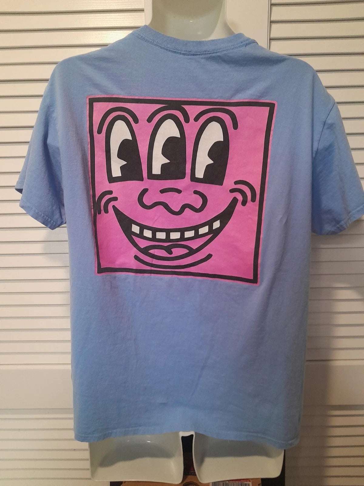 Keith Haring Mens Large Blue Graphic T-Shirt Pink Three Eyes Face Art Streetwear