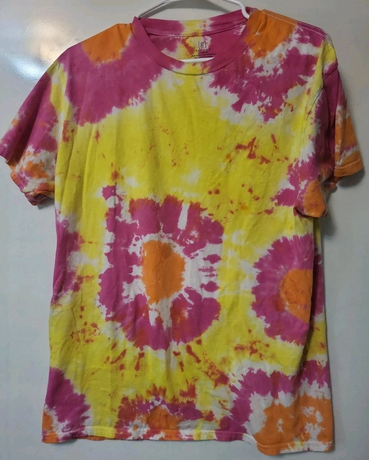 Unisex Tie Dye T shirt, Size Large George Cotton- Yellow, Pink, White & Orange