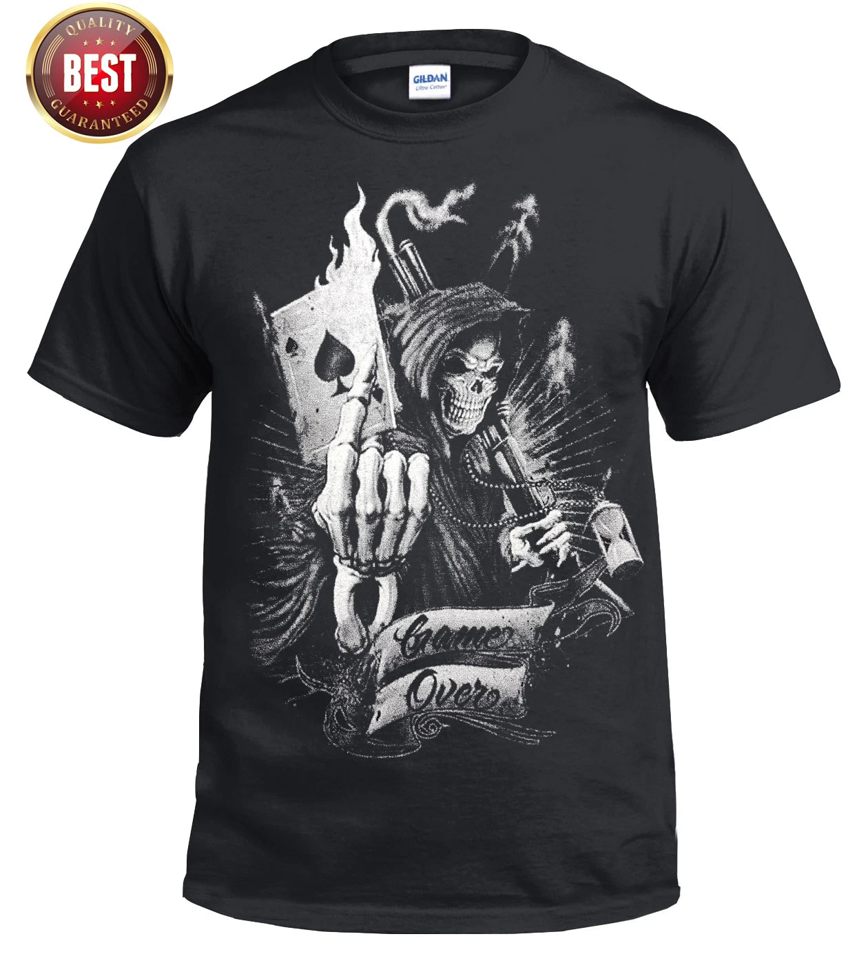 Official Game Over T Shirt Reaper Skull Goth Card Poker Ace Metal Rock music Top