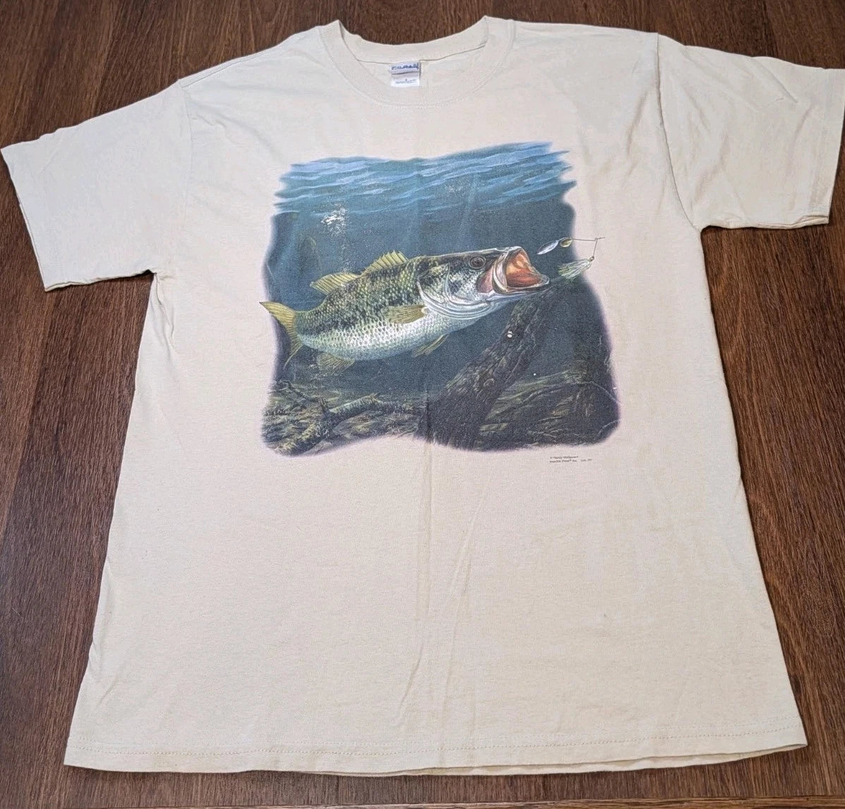 Vintage Y2K Mens L T-Shirt Beige Randy McGovern Largemouth Bass Fishing Shirt