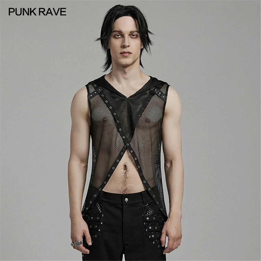PUNK RAVE Men Mesh Sexy Punk Rock Gothic Hooded Tops Tank Sleeveless T-shirt