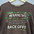 90s Camo Warning Back Off Brown Shirt Grunge Skulls L/XL VTG Single Stitch