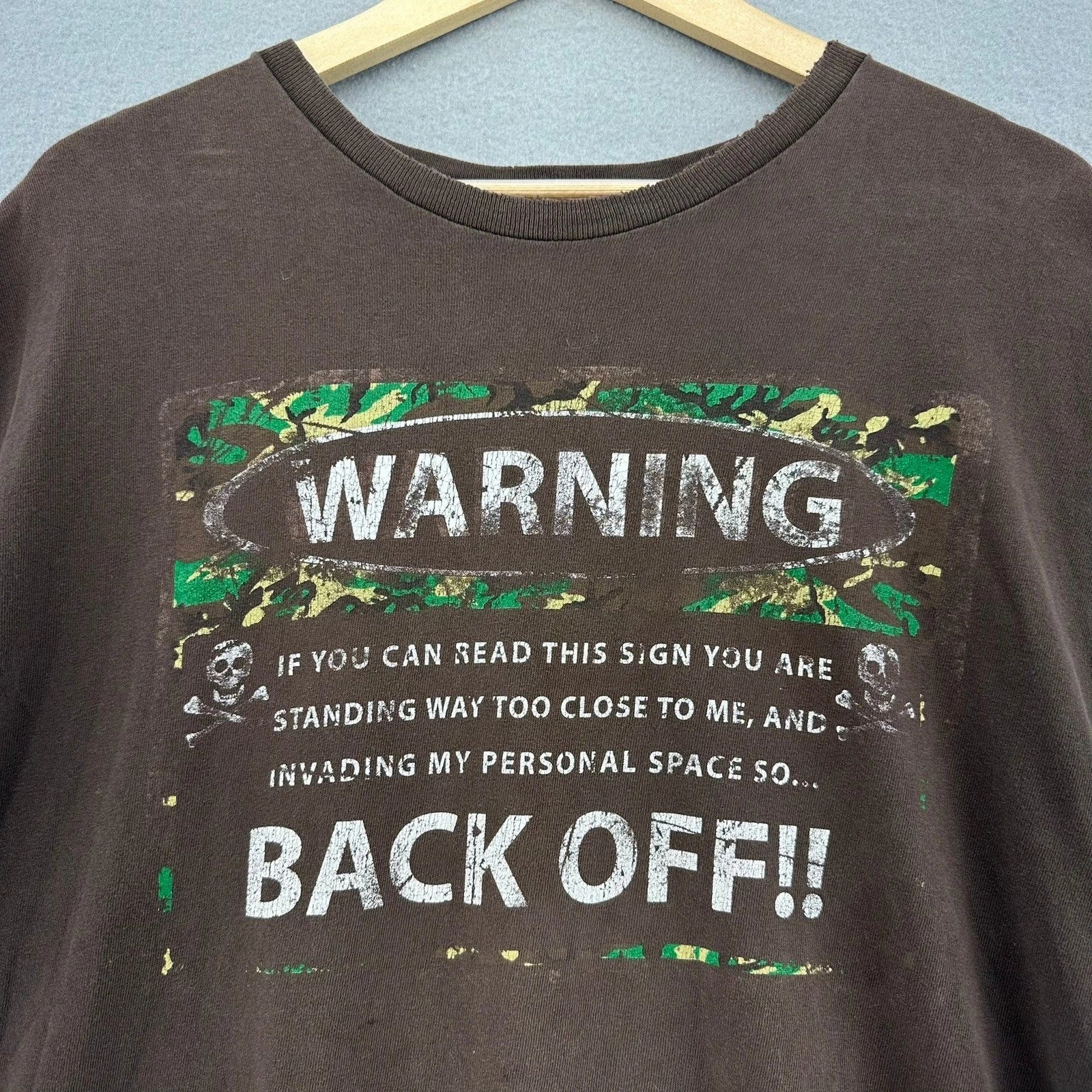 90s Camo Warning Back Off Brown Shirt Grunge Skulls L/XL VTG Single Stitch