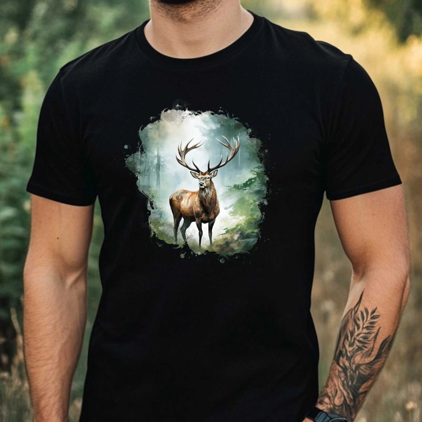 Mens Watercolour Deer Motif Cotton T-Shirt Size XS to 5XL