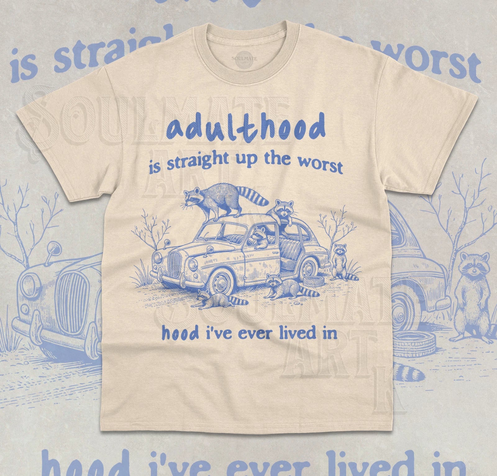 Adulthood is the Worst Hood T-Shirt Funny Meme Raccoon Graphic Car Unisex Shirt