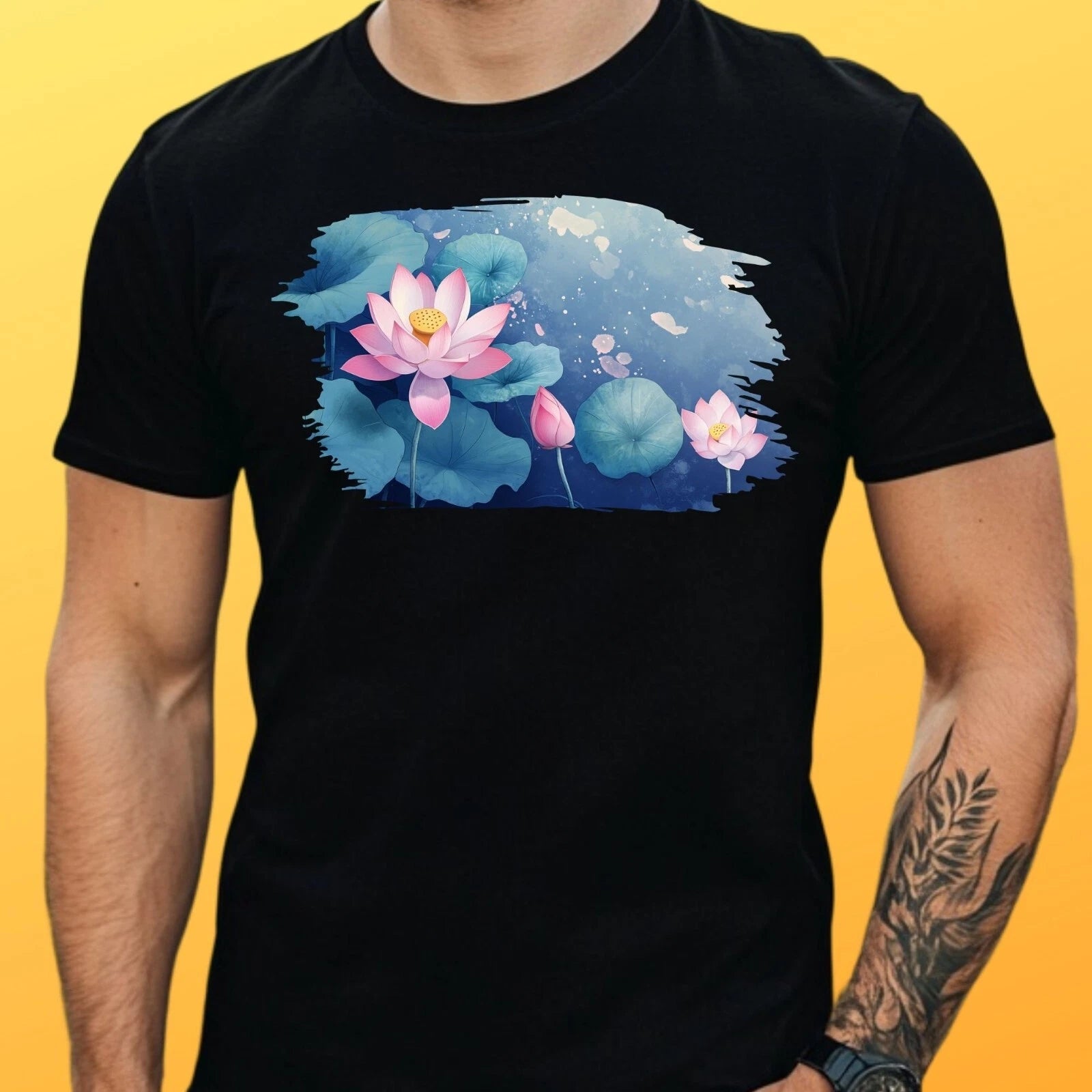 Mens Lotus Flower Motif Cotton T-Shirt Size XS to 5XL