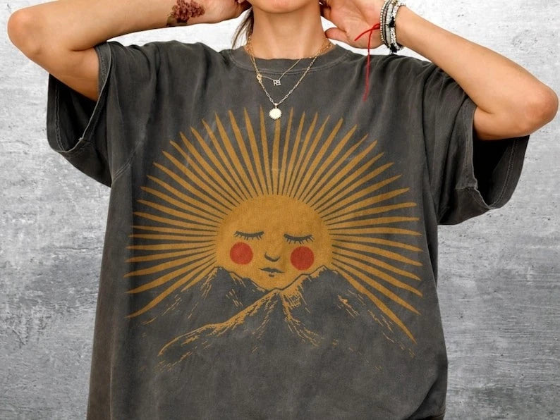 Sun Mountain Minimal Boho Nature Graphic T shirt