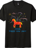 Fireworks 2026 Year of The Horse Graphic T-Shirt Unisex S-5XL Cotton Cartoon Tee