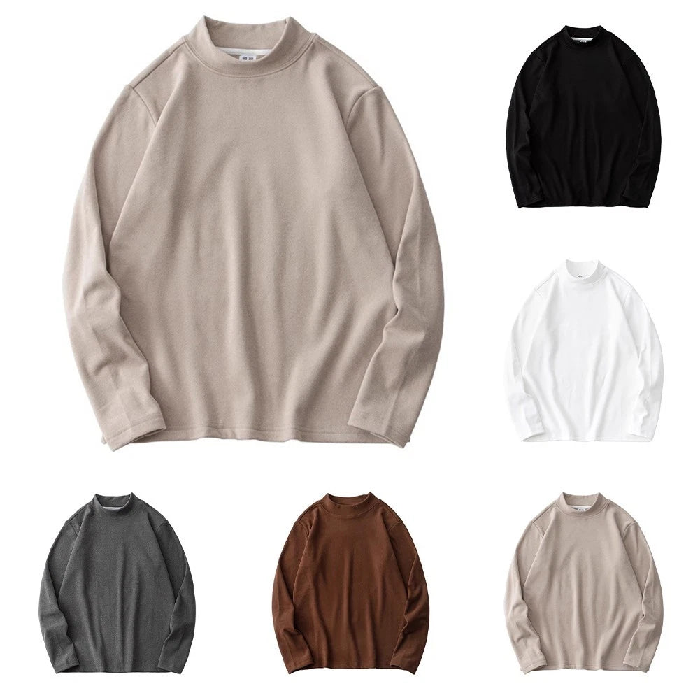 Men's Minimalist Long Sleeve Half Turtleneck Pullover Top Solid Color Basic Top