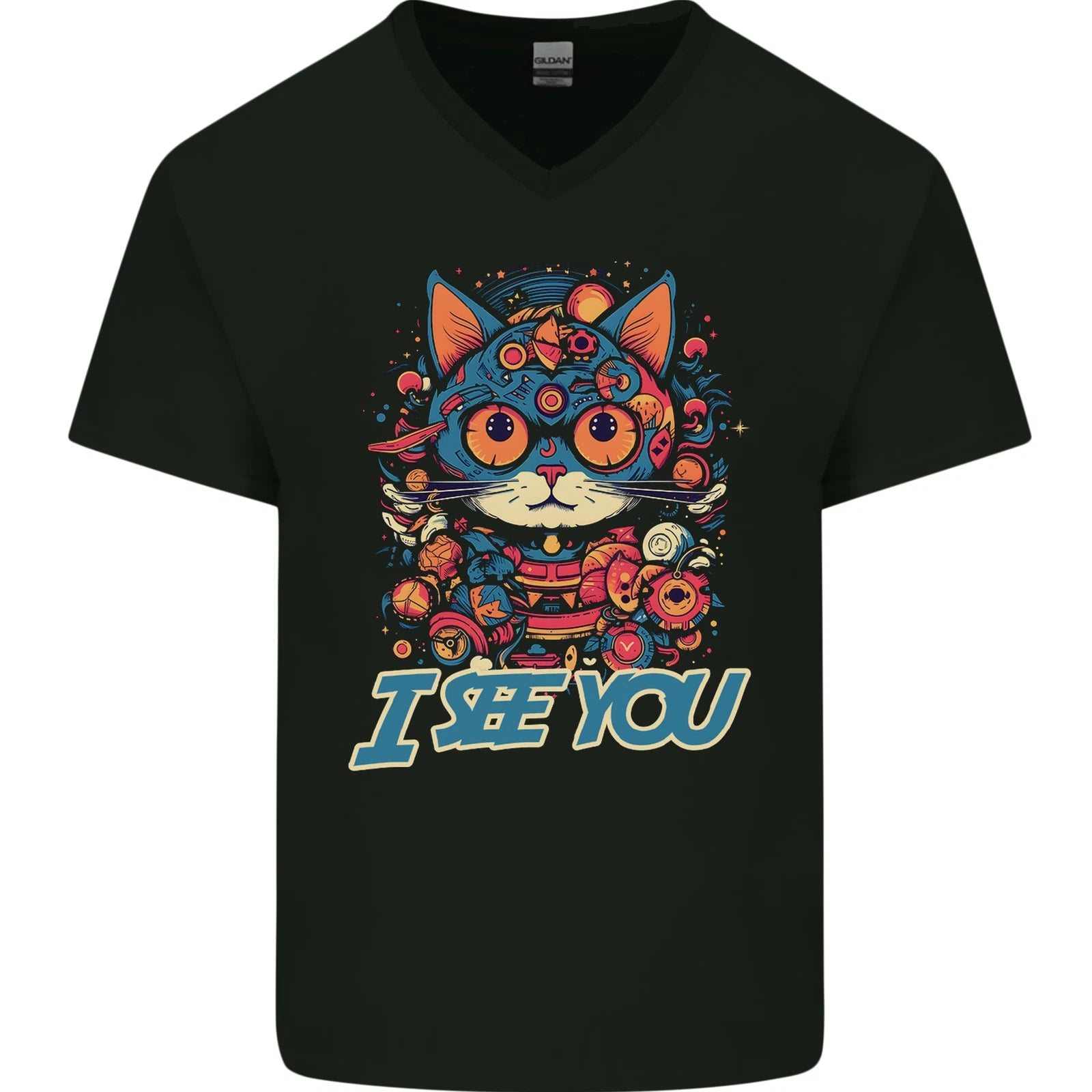 Kawaii Cat Mens V-Neck Cotton T-Shirt