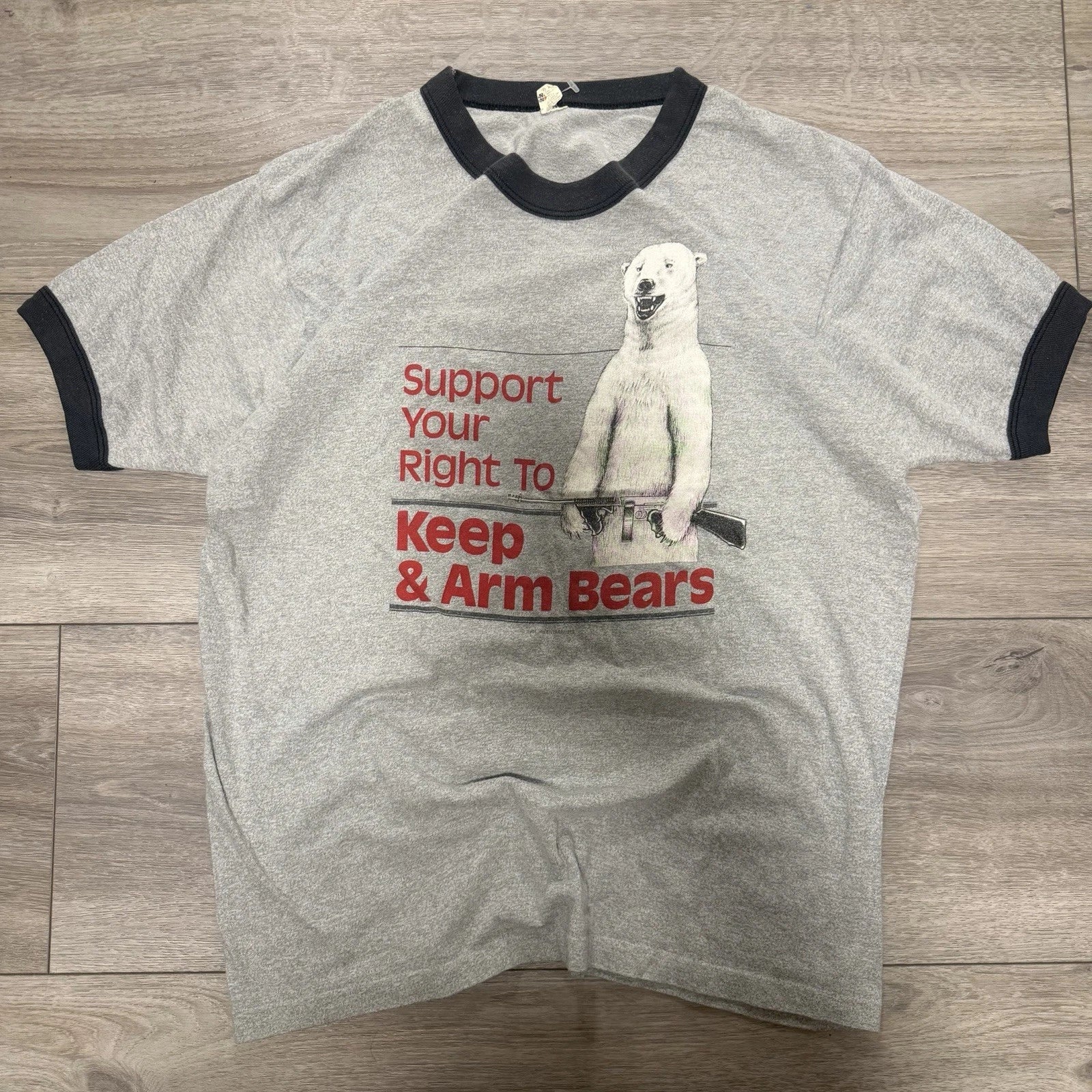 1984 Vintage Screen Stars XL Keep & Arm Bears Ringer Tee, USA Single Stitch VTG