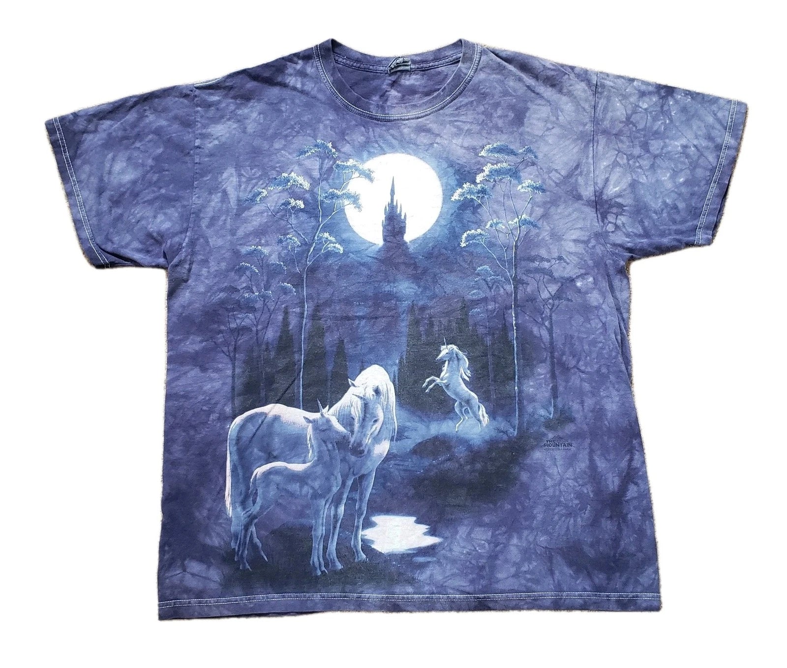 Vintage Y2K The Mountain Moonlight Castle Unicorns Sz Large Blue Tie Dye T-Shirt