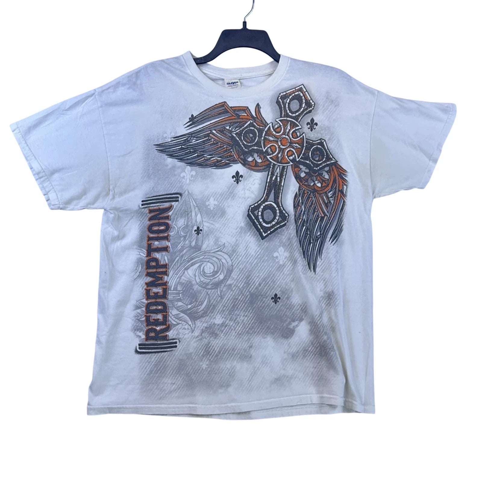 Redemption Y2K Shirt Mens Extra Large White Cross Wings Fleur-de-Lis Graphic Tee
