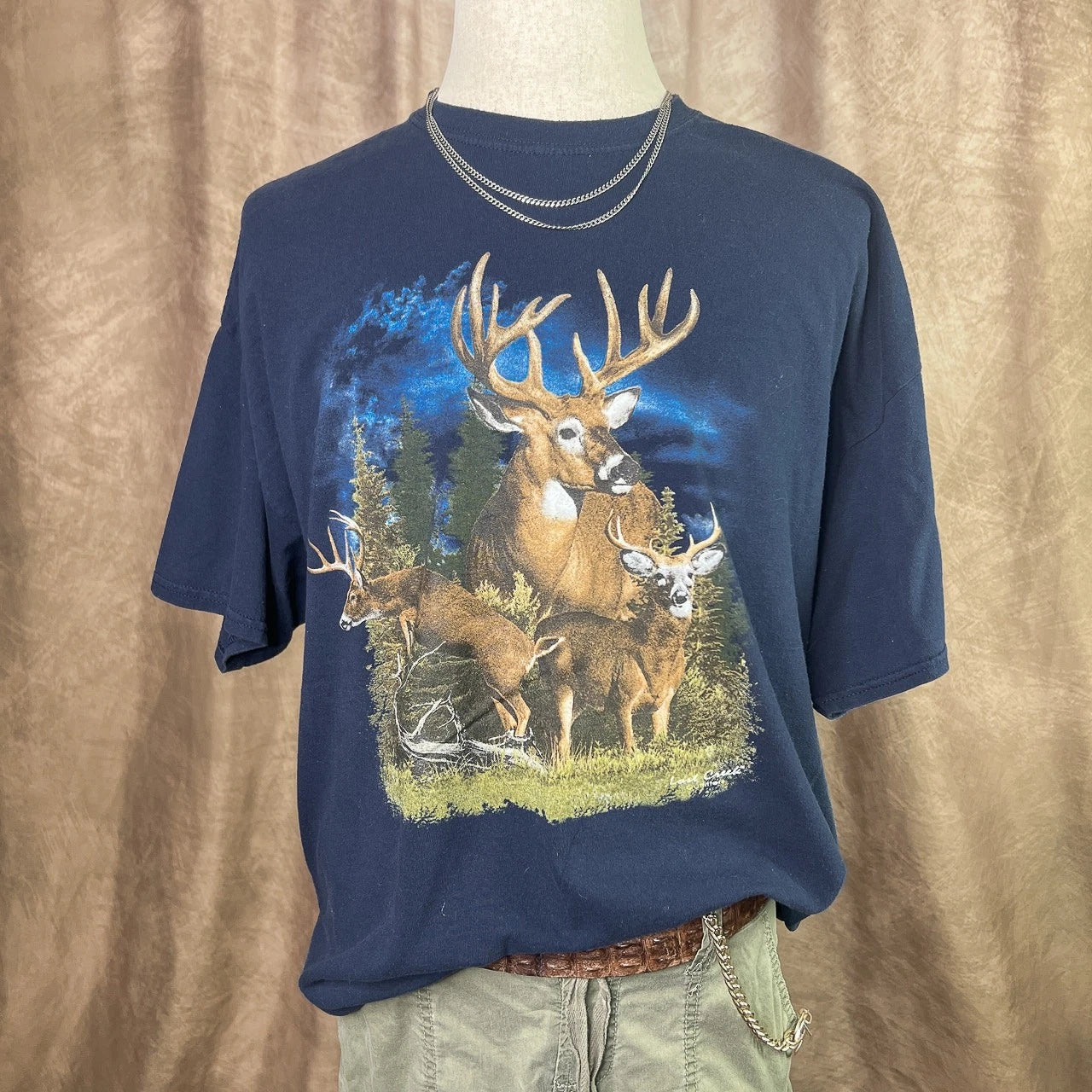 Vintage Y2K Deer T-Shirt Graphic Tee 2000s Cabincore Hunting Outdoor Navy Blue
