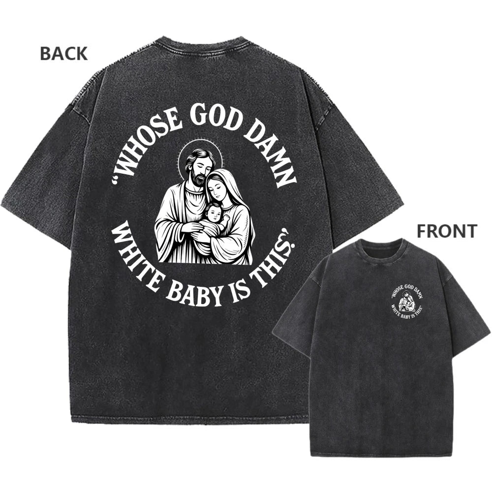 Men's Vintage Oversized Washed T-Shirt Retro Funny Nativity Scene Casual Tee