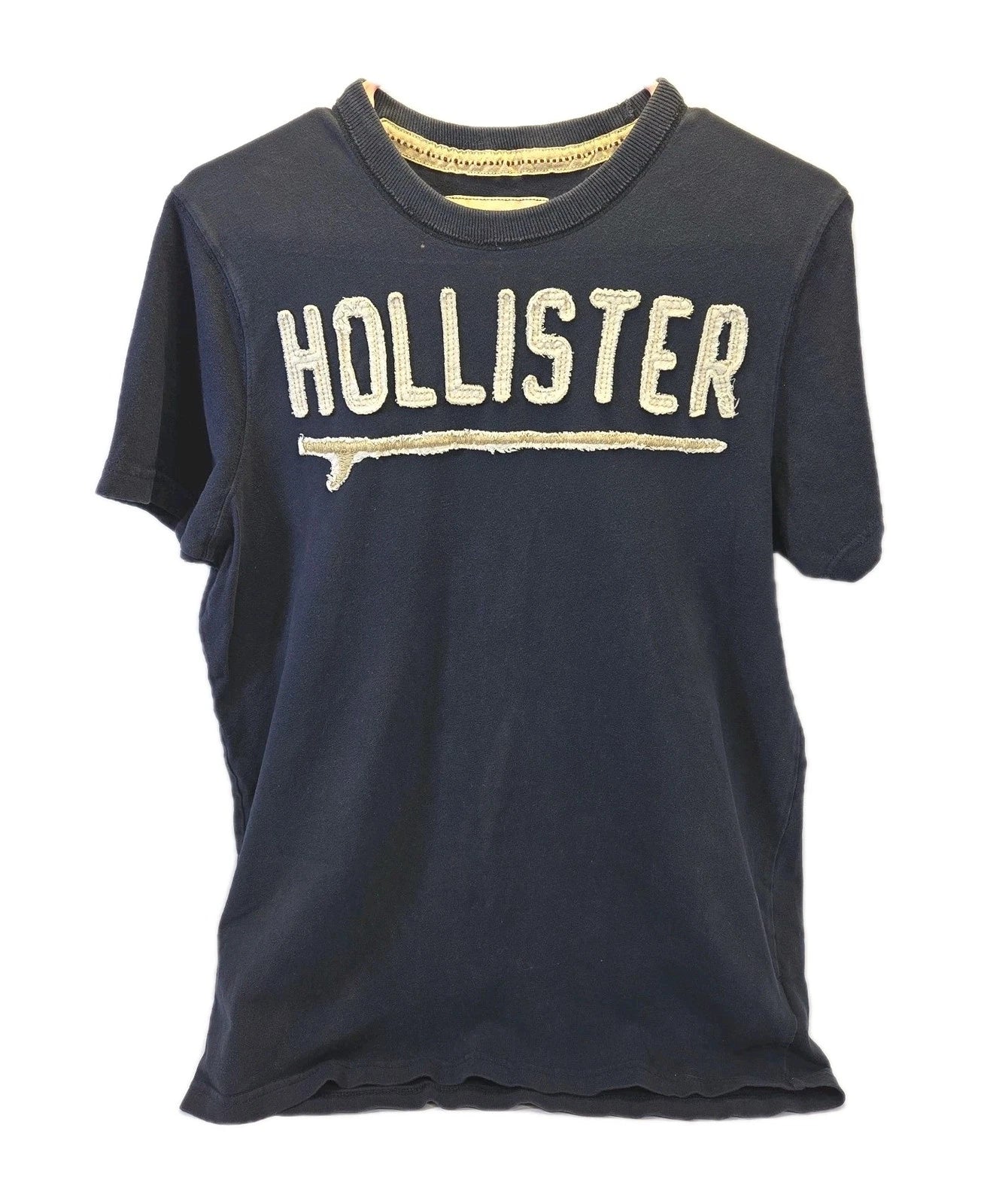 Vtg Hollister California Large Navy Spell Out Applique Logo Graphic T Shirt Y2K.