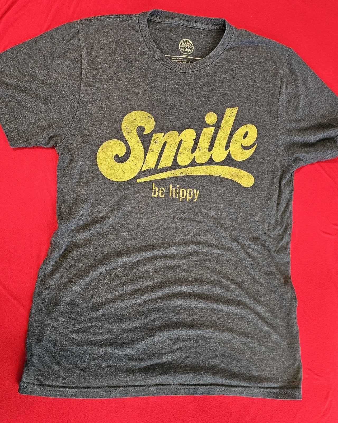 Smile - Be Hippy Distressed Short Sleeve Crewneck T-shirt Adult Small Blue
