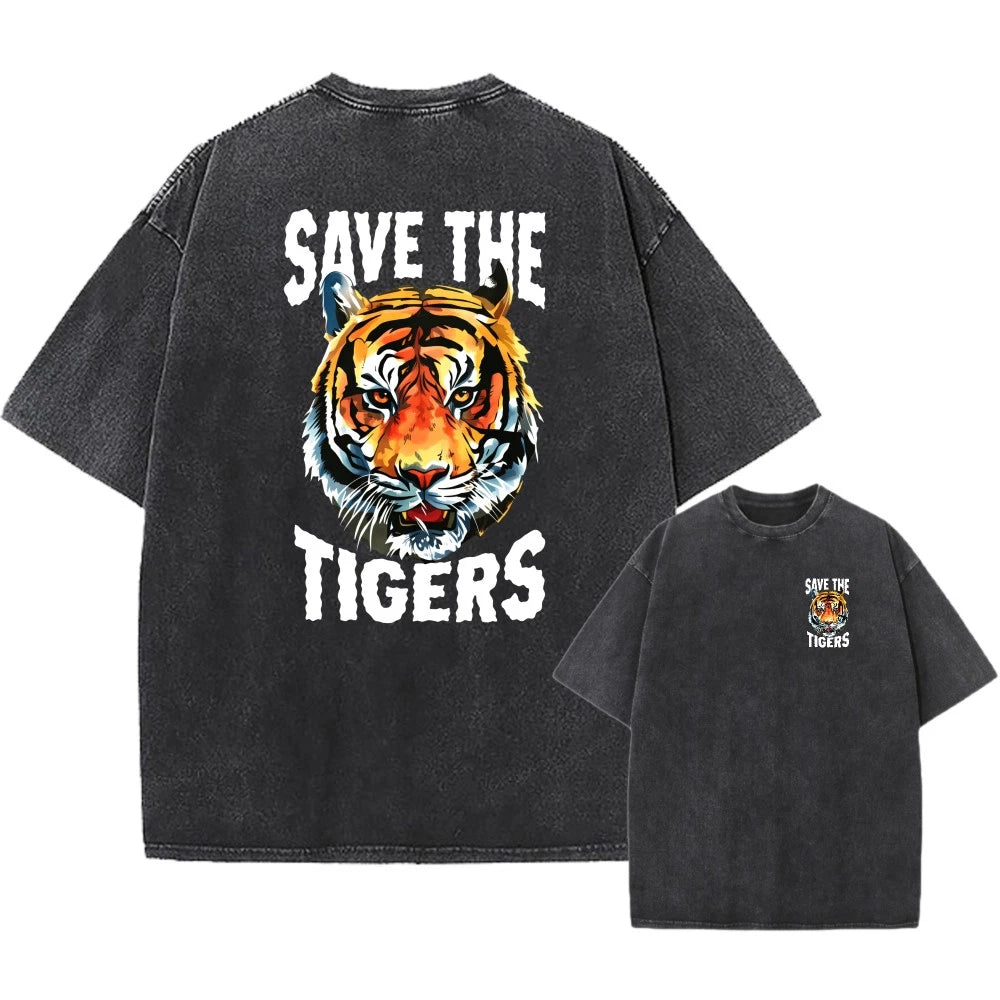 Men's Vintage Oversized Washed Tee,"Save The Tigers" Animal Print Casual T-Shirt