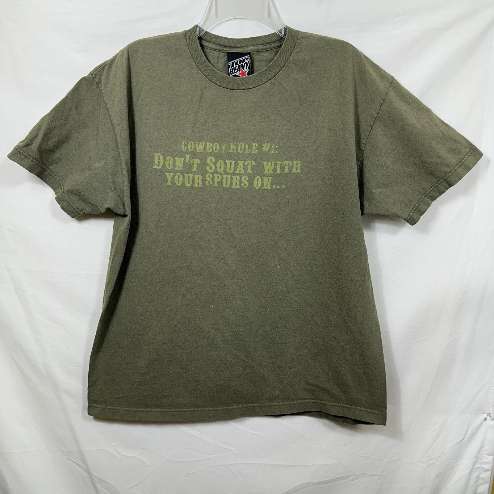 Vtg Top Heavy Y2K Novelty T-Shirt Cowboy Rule #1 Don't Squat with your Spurs on