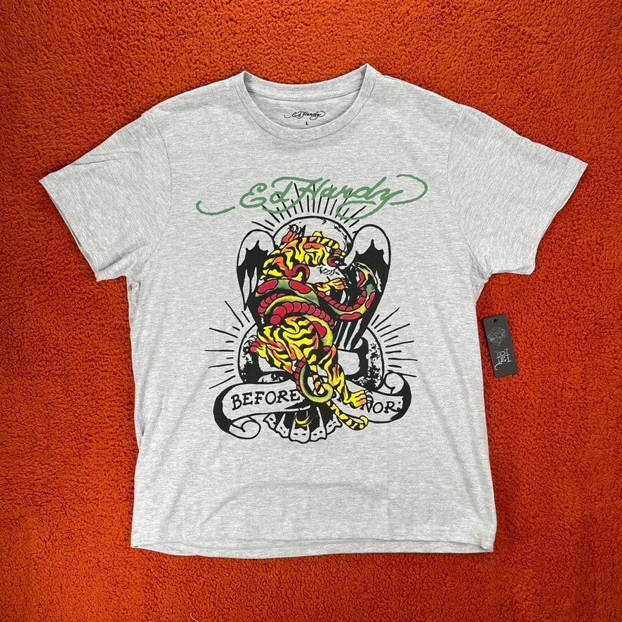 ED HARDY T-Shirt Men's LARGE Graphic Tattoo Gray Eagle Tiger Snake Honor Y2K NEW