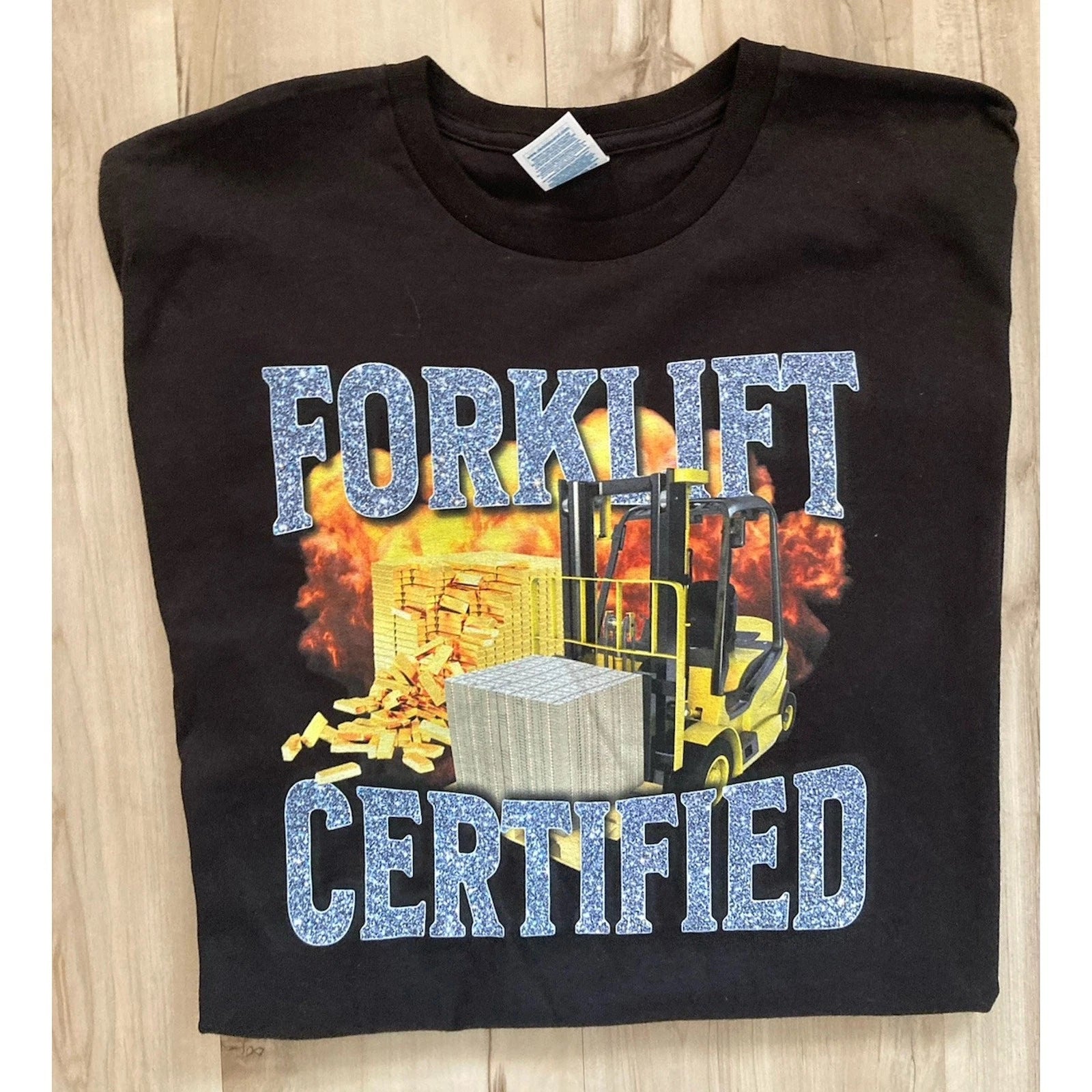 Forklift Operator Certified Funny Meme Unisex Cotton Tee Sz. XL Black/Gold