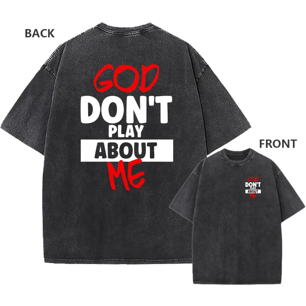Men's Vintage Oversized Washed T-Shirt Retro Faith God Don't Play Casual Tee